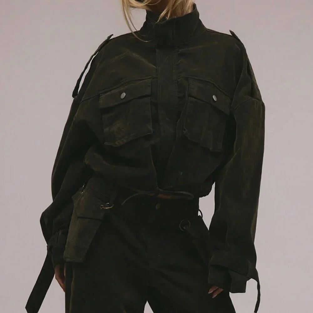 Army Green Casual Women's Velvet Denim Drawstring Cargo Jacket - Picture 7 of 9